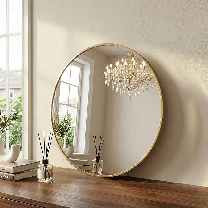 20 Inch Gold Round Bathroom Wall Mirror, Round Mirrors for Wall Decor, Circle Mirror for with HD Shatter-Proof Glass for Entryway, Living Room, Bedroom, Dressing Room, Home Decor