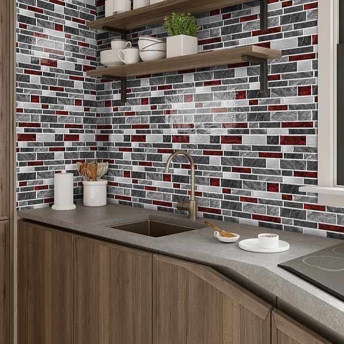Alwayspon 10 Sheets 12" x12inch Black and Red Marble Effect Vinyl Tiles, Backsplash, Self-Adhesive Peel and Stick Wall Tile Stickers, Stick on Subway Tiles for Kitchen Bathroom Wall Decor