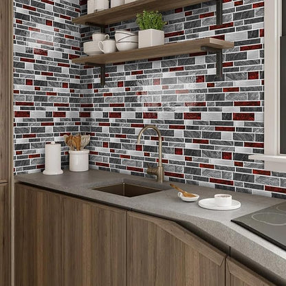 Alwayspon 10 Sheets 12" x12inch Black and Red Marble Effect Vinyl Tiles, Backsplash, Self-Adhesive Peel and Stick Wall Tile Stickers, Stick on Subway Tiles for Kitchen Bathroom Wall Decor