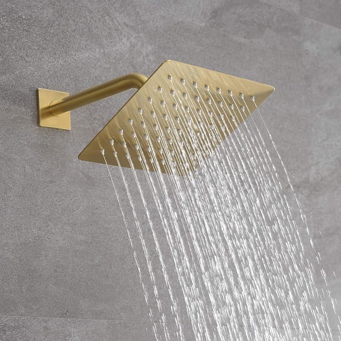 SUMERAIN Shower Faucet System with Waterfall Tub Spout, Brushed Gold | 8" Rain Shower Head, Brass Handheld Shower Head, Anti-scald Pressure-Balanced Valve, Including Rough-In Valve