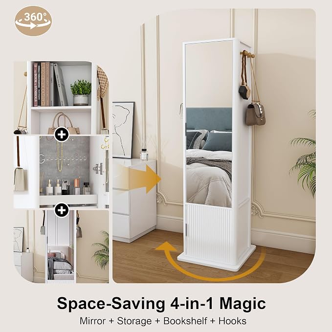 360° Swivel Jewelry Cabinet, Rotatable Jewelry Organizer Armoire Standing with Full Length Mirror, Makeup Cabinet with Jewelry Storage, Coat Rack, 4 Open Shelves and 2 Built-in Cabinets, White