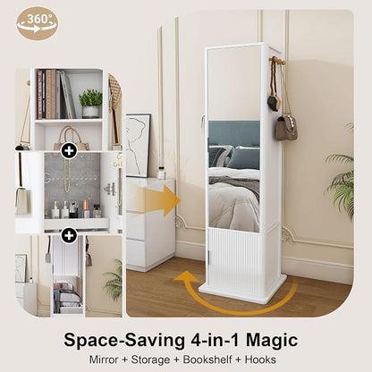 360° Rotating Jewelry Cabinet, 66.5" Standing Jewelry Armoire with Full-Length Mirror + Hidden Storage + 4-Tier Shelf + Coat Racks, Multi-Functional Jewelry Organizer for Bedroom, Entryway