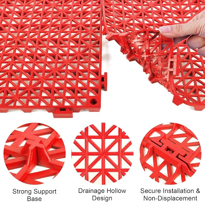 Modular Interlocking Cushion 12 Pack 11.8" x 11.8" Rubber Floor Tiles Non-Slip Splicing Drainage Mats for Deck, Pool, Outdoor Shower, Patio, Balcony, Indoor Bathroom, Kitchen, Yard (Red)