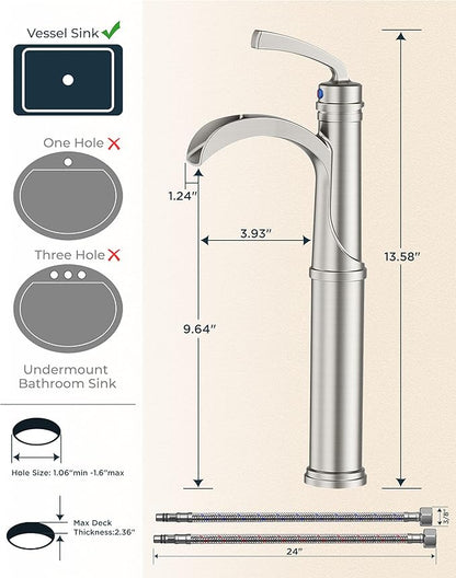 Forious Brushed Nickle Bathroom Faucets, Tall Waterfall Bathroom Faucet One Hole Single Handle Deck Mount Vessel Bathroom Sink Faucet Bowl with Metal Pop Up Drain and Supply Lines