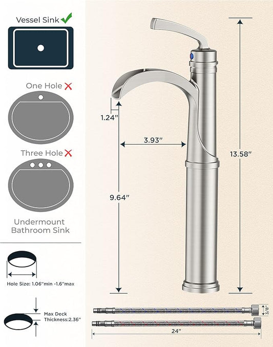 Forious Brushed Nickle Bathroom Faucets, Tall Waterfall Bathroom Faucet One Hole Single Handle Deck Mount Vessel Bathroom Sink Faucet Bowl with Metal Pop Up Drain and Supply Lines
