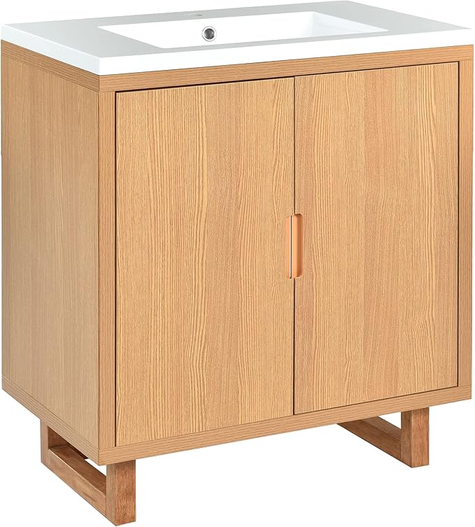 Favfurish 30" Bathroom Vanity with Resin Sink,Undermount Single Basin Bath Vanity Set w/2 Soft Closing Doors,Transitional Freestanding Storage Cabinet,Solid Wood Frame,Burly Wood