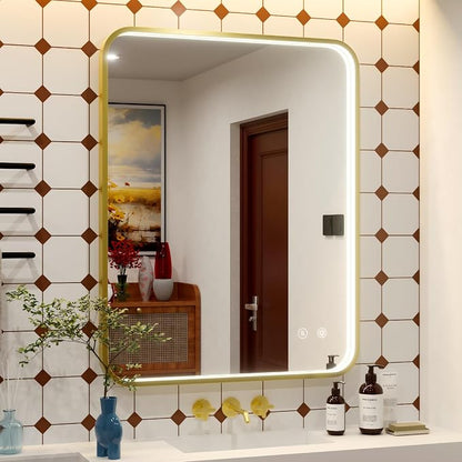36"x30" Gold LED Bathroom Mirror with Lights,3000K/4500K/6000K | Stepless Dimmable, Anti-Fog, Memory Function, Aluminum Frame Wall Mount Lighted Vanity Mirror, ETL Listed, IP54 Waterproof
