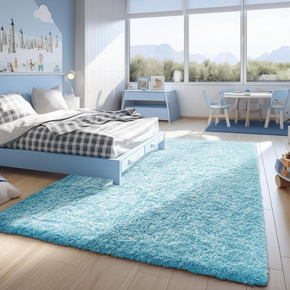 Ophanie Light Blue Rug,Boys 4x6 Rugs for Bedroom Carpet Nursery Aesthetic,Kids Playroom Area Rugs for Girls Teen Home Decor,Fluffy Shag Bedside Floor Living Room Carpets with Over 99 pcs Pile fibers