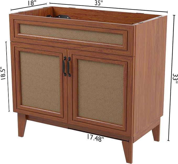 JONATHAN Y Javer Bohemian Rattan Freestanding Bath Vanity, 36", Walnut | 18" Deep, 33" High, 2 Soft-Close Doors, Caned Paneling, 2-Shelf Storage, Basin Not Included, Modern Farmhouse Style