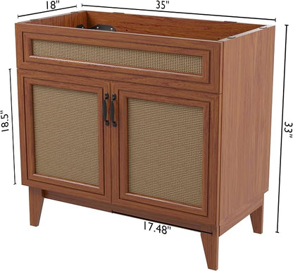 JONATHAN Y Javer Bohemian Rattan Freestanding Bath Vanity, 36", Walnut | 18" Deep, 33" High, 2 Soft-Close Doors, Caned Paneling, 2-Shelf Storage, Basin Not Included, Modern Farmhouse Style