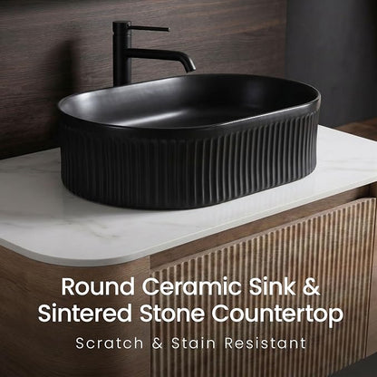 36" Preassembled Floating Bathroom Vanity with Black Sink, Oak | Mid-Century Modern Style, Fluted & Soft-Close Drawer with U-shaped Wall, Sinterted Stone Countertop, Towel Rack Included