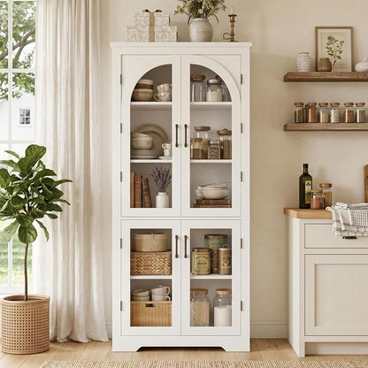 Garvee 70" Tall Kitchen Pantry Cabinet with 4 Arched Glass Doors, White | Modern Display Cabinet with Adjustable Shelves, Versatile Cupboard Organizers for Kitchen, Dining Room, Living Room, Bathroom