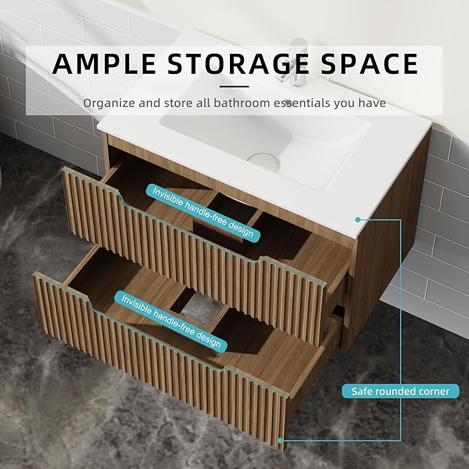 30” Wall Mounted Bathroom Vanity with Sink Floating Bathroom Cabinet Sink Combo, Soft-Close System, 2 Extra Big Drawers, Walnut