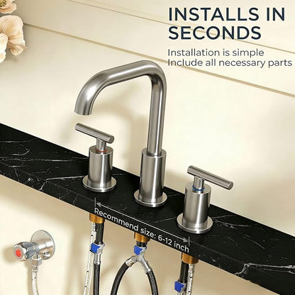 FORIOUS Brushed Nickel Bathroom Faucet for 3 Hole, Widespread Bathroom Sink Faucet with Pop Up Drain and Hoses, for Vanity Restroom RV Lavatory, 360° Rotatable Spout