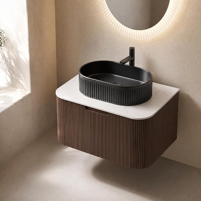 30 Inch Bathroom Vanity with Sink, Floating Wall Mounted Single Sink Vanity, Dark Walnut Curved Fluted Front, Stone Top, Black Textured Oval Vessel Basin, Pre-Assembled
