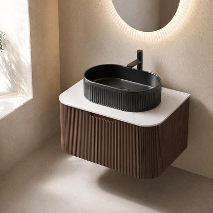 30 Inch Bathroom Vanity with Sink, Floating Wall Mounted Single Sink Vanity, Dark Walnut Curved Fluted Front, Stone Top, Black Textured Oval Vessel Basin, Pre-Assembled