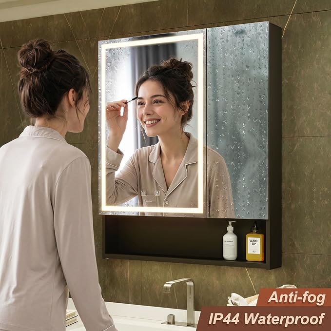 30x34 Inch Two Doors Aluminum LED Bathroom Medicine Cabinet with Mirror | Light Adjustment, Anti-Fog, Sockets&USBs, High Capacity, Easy to Install