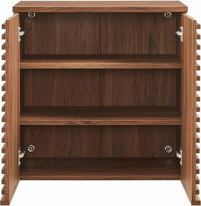 Modway Render Wall Mounted Bathroom Cabinet in Walnut - 23.5 Inch Compact Wall Storage with Slatted Doors and Adjustable Shelves for Bathroom or Laundry Room