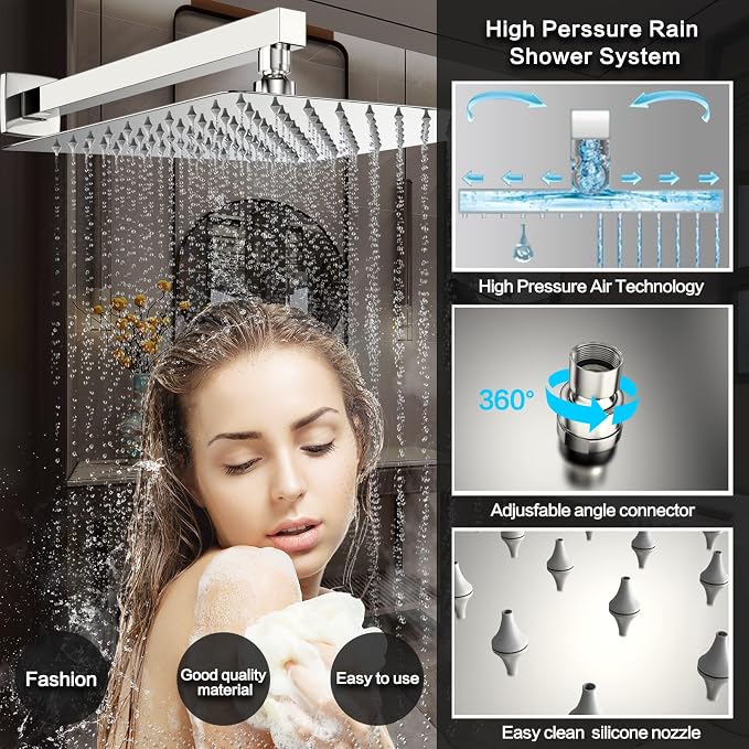 Chrome Shower System Rain Faucet Set with Tub Spout, 10 inch | All-Metal Wall Mounted Bathroom Shower Faucet Set with Safe Pressure Balance Valve, Water Saving High Pressure Rainfall Head