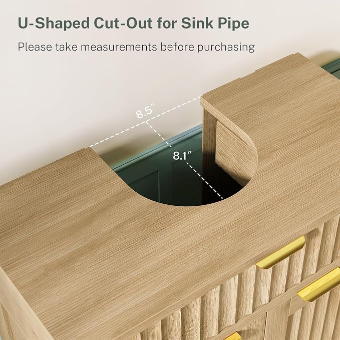 Pedestal Sink Storage Cabinet with 2 Doors and Drawer, Bathroom Sink Cabinet with U-Shape Cut-Out, Fluted Pedestal Sink Cabinet, Natural Oak