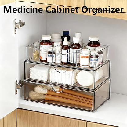 Medicine Cabinet Organizer with Removable Dividers, 3-Tier Stackable Drawer Storage for Bathroom, RV, Vanity, Countertop & Desk