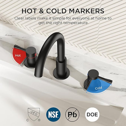 Black faucet set with hot and cold markers on a white background