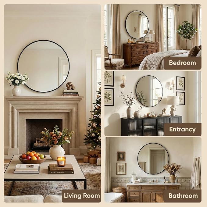 Antok 20 Inch 2PCS Round Mirror for Wall, Round Bathroom Mirror, Circle Wall Mirrors with Black Metal Frame, Circle Mirrors Suitable for Wall, Bathroom, Vanity, Living Room, Entryway