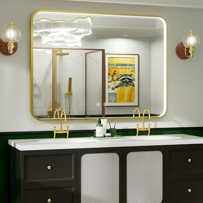 48"x36" Gold LED Bathroom Mirror with 3000K/4500K/6000K Lights | Stepless Dimmable, Anti-Fog, Memory Function, Aluminum Frame Wall Mount Lighted Vanity Mirror, ETL Listed, IP54 Waterproof