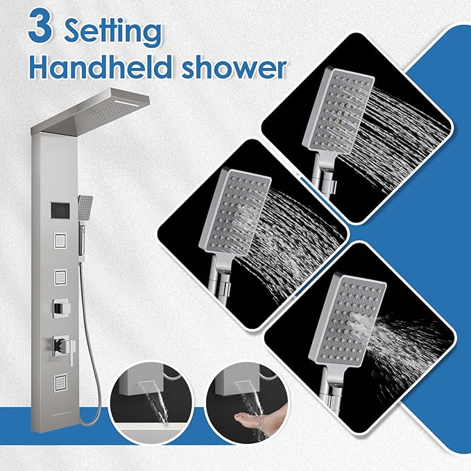 ROVOGO LED Rainfall Waterfall Shower Panel with 3 Body Jets, Handheld and Tub Spout, No Battery Needed Shower Tower with Temp Display, 304 Stainless Steel Brushed
