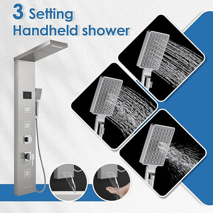 ROVOGO LED Rainfall Waterfall Shower Panel with 3 Body Jets, Handheld and Tub Spout, No Battery Needed Shower Tower with Temp Display, 304 Stainless Steel Brushed