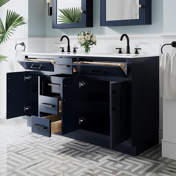 60-Inch Bathroom Vanity with Double Sinks W/ 4 Doors & 4 Drawers & 2 Flip Drawers, Navy Blue Vanity W/Matte Black Handles