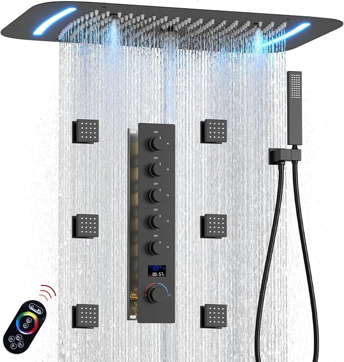3 Functions Shower Head System Matte Black Shower Faucet Set | 16X26 inch Ceiling Shower, 6 Body Jet, Handheld Shower, Temperature Display, 5 Functions Can All Run Together