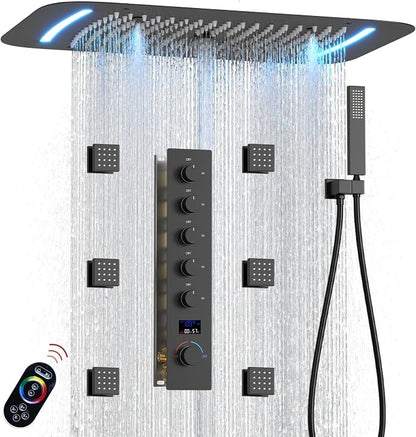 3 Functions Shower Head System Matte Black Shower Faucet Set | 16X26 inch Ceiling Shower, 6 Body Jet, Handheld Shower, Temperature Display, 5 Functions Can All Run Together