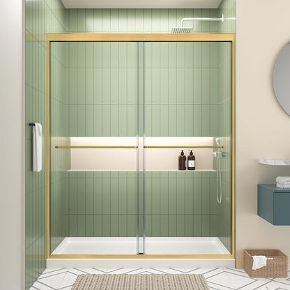 ACE DECOR Double Sliding Shower Door, 56-60" W x 70" H, Brushed Gold Finish | Bypass Semi-Frameless Shower Doors, 6mm Clear SGCC Tempered Glass, Easy-Clean Nano Coating&Leak-proof&Reversible Installation