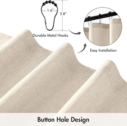 ANRODUO Cream Beige Extra Long Linen Fabric Shower Curtain Set - W72xL108 | Farmhouse Shower Curtain with 12 Metal Hooks, Waterproof Heavy Duty, Button Hole Design, Machine Washable for Bathroom