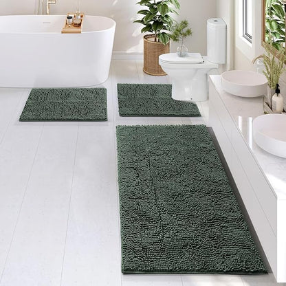 Hearth & Harbor Bathroom Rugs, Chenille Bath Mat - Machine Washable Bath Mats for Bathroom Non-Slip Backing Rubber, Quick Dry Mat - Hunter Green Bath Rug, 17x24-26x44-20x24