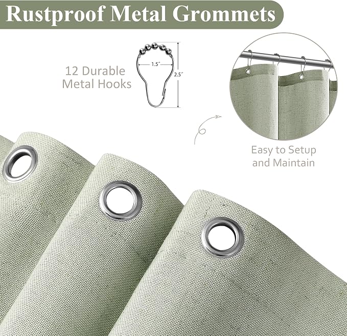 Mist Sage Linen Shower Curtain, Country Boho Farmhouse Bath Decor Shower Curtains Neutral Cloth Weighted Textured Fabric Bath Curtain Liner with Hooks, 72x78