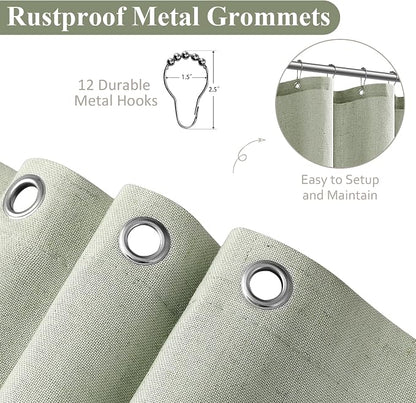 Mist Sage Linen Shower Curtain, Country Boho Farmhouse Bath Decor Shower Curtains Neutral Cloth Weighted Textured Fabric Bath Curtain Liner with Hooks, 72x72