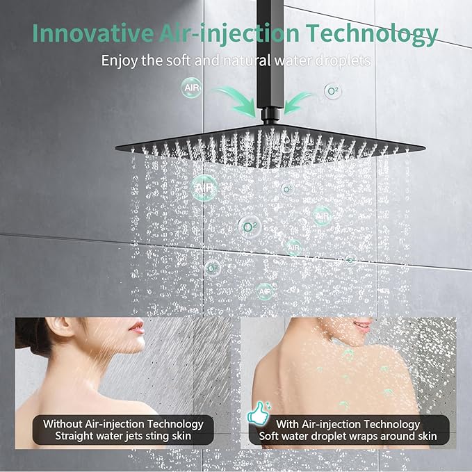 SR SUN RISE Ceiling Mounted Shower System with Push Button Diverter, Luxury 12 Inch Rain Shower Head with Handheld Spray, High Pressure Shower Faucet Combo Set with Rough-in Valve, Matte Black
