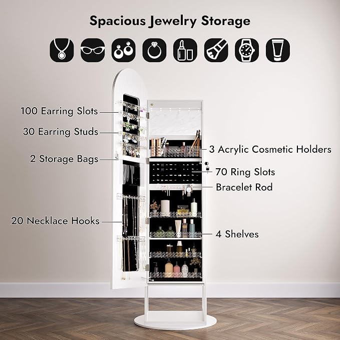 Zamilidon Full Length Mirror LED Lockable White Standing Jewelry Armoire | Secure lock design, multi-layer jewelry compartment, soft dimmable lighting, space-saving floor layout