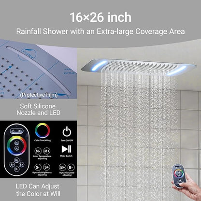 16X26 inch Shower System Chrome Shower Head and Handle Set | Temperature Display Shower Faucet with Dual 8 inch Shower Head, 6 Body Jet, Handheld Shower, 5 Functions Can All Run Together