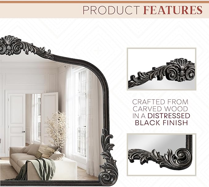 English Estate Carved Arch Wood Wall Mirror, Mirror for Entryway, Living Room, Bathroom, Distressed Black, 26x37
