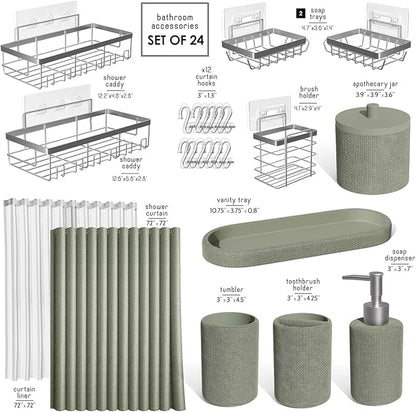 Clara Clark Sage Green Bathroom Set - Bathroom Accessories Set, 24PC Bathroom Accessory Set, Bathroom Sets with Shower Curtain Set, Adhesive Corner Shower Caddy Hanging & Soap Dispenser