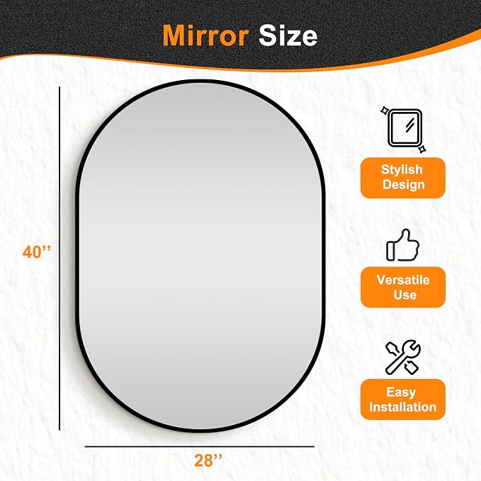40x28 Black Oval Bathroom Mirror for Over Sink, Aluminum Frame | HD Reflection No Distortion, Aluminum Frame, Mounting Hardware for Vertical or Horizontal Mount