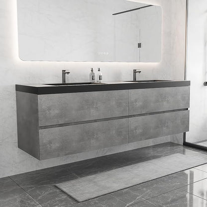 72 Inch Floating Bathroom Vanity with Double Sink, Modern Grey Wall Mounted Floating Vanity with Scratch-Resistant Quartz Sand Basin and 4 Soft Closing Drawers, Pre Assembled Bathroom Vanity