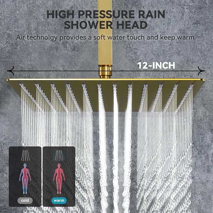 Rain Shower System With Complete 6 Pcs Body Sprays Jets And Pressured Balance Rough-in Valve,12Inch Rainfall Shower Head And Handheld, Modern Brushed Gold Ceiling Mount Shower Faucets Sets