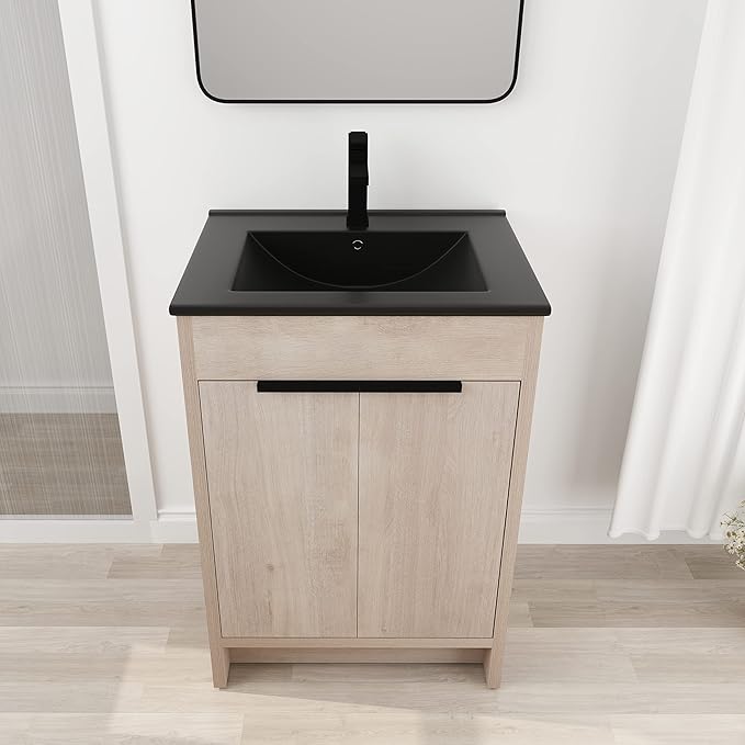 24'' Freestanding Bathroom Vanity, 24 Inch Floor Stand Bathroom Vanity with Sink, Single Black Sink Cabinet Set, Modern Storage Cabinet, with Soft Closing Door, 02424PLO+BL9060BK