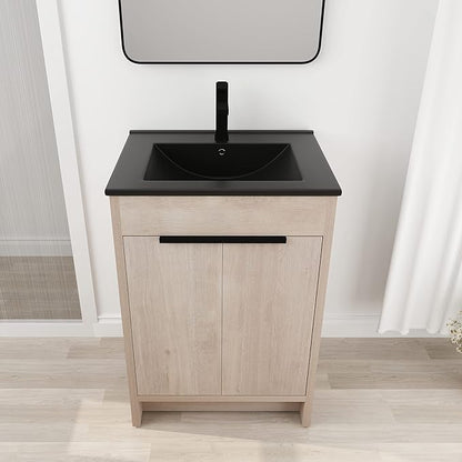 24'' Freestanding Bathroom Vanity, 24 Inch Floor Stand Bathroom Vanity with Sink, Single Black Sink Cabinet Set, Modern Storage Cabinet, with Soft Closing Door, 02424PLO+BL9060BK