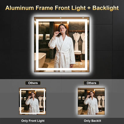 LED Bathroom Mirror with Light, 30x30 Vanity Mirror for Wall with Frame | Anti-Fog, Dimmable 3 Colors, Memory Function, Backlit and Front Lit, Shatter-Proof Glass, Plug-in/Hardwired