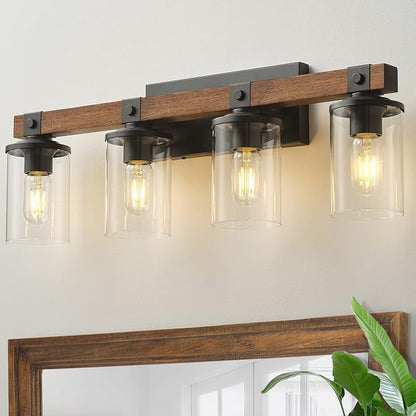 Bathroom Vanity Light Fixtures 4 lights Wooden Farmhouse Vanity Lights | Rustic Bathroom Lights over Mirror with Clear Glass Shade Black Industrial Wall Sconce for Bathroom Bedroom Hallway
